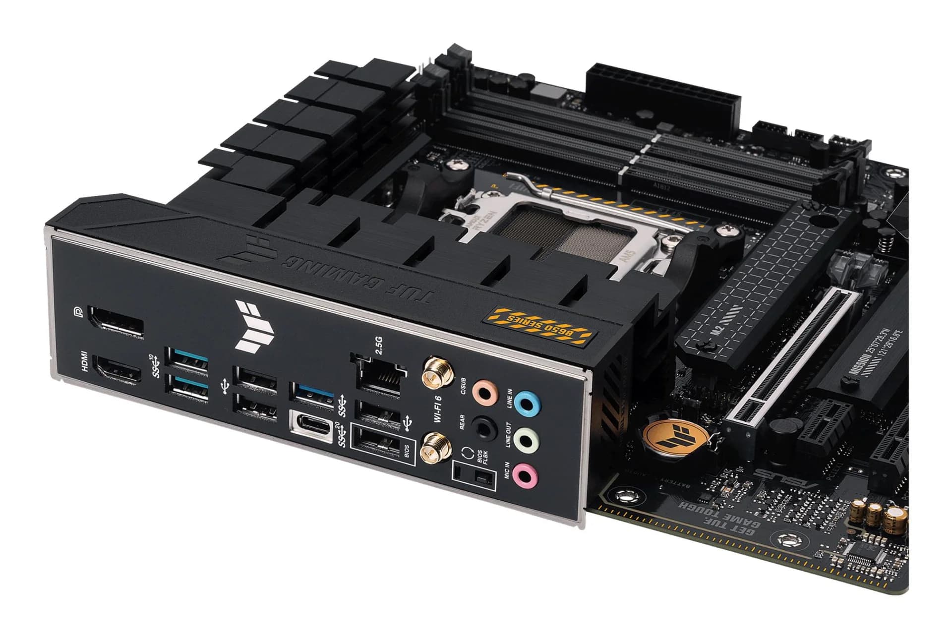 Mainboard ASUS AMD B650 SAM5 MicroATX Memory DDR5 Memory slots 4 1xPCI-Express 4.0 1x 1xPCI-Express 4.0 16x 2xM.2 1xHDMI 1xDisplayPort 4xUSB 2.0 3xUSB 3.2 1xUSB-C 1xRJ45 5xAudio port TUFGAMB650M-PLUSWIFI - Image 7