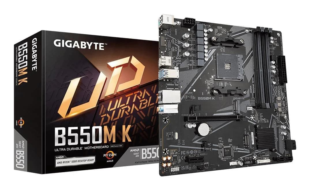 Mainboard GIGABYTE AMD B550 SAM4 Micro-ATX Memory DDR4 Memory slots 4 1xPCI-Express 3.0 1x 1xPCI-Express 4.0 16x 2xM.2 1xHDMI 1xDisplayPort 2xAudio-In 1xAudio-Out 4xUSB 2.0 4xUSB 3.2 1xPS/2 1xRJ45 B550MK - Image 1