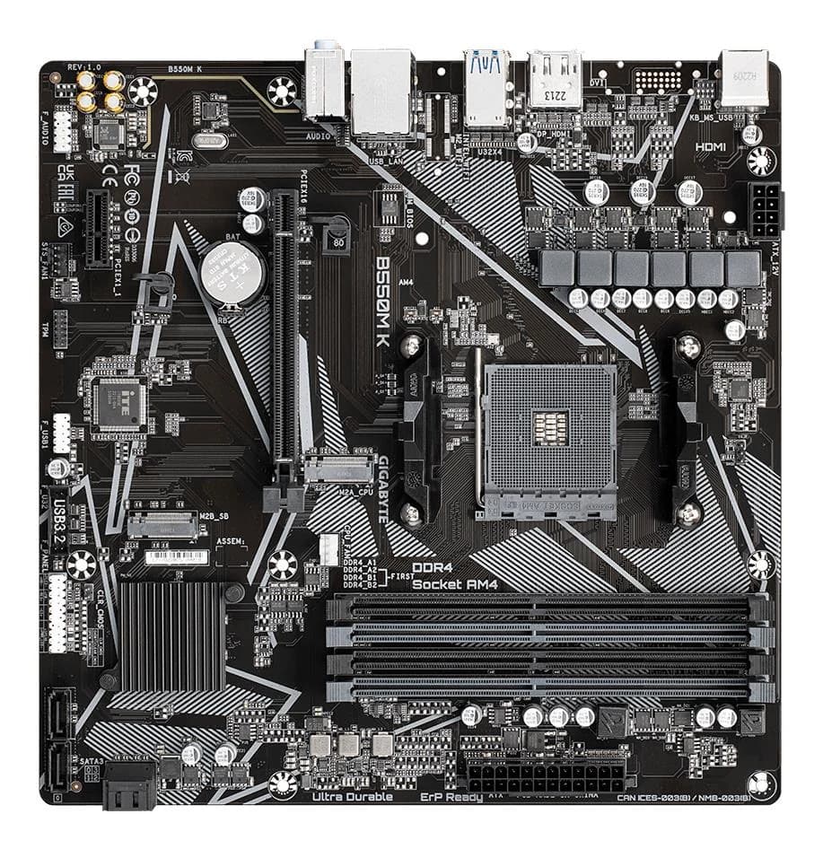 Mainboard GIGABYTE AMD B550 SAM4 Micro-ATX Memory DDR4 Memory slots 4 1xPCI-Express 3.0 1x 1xPCI-Express 4.0 16x 2xM.2 1xHDMI 1xDisplayPort 2xAudio-In 1xAudio-Out 4xUSB 2.0 4xUSB 3.2 1xPS/2 1xRJ45 B550MK - Image 4