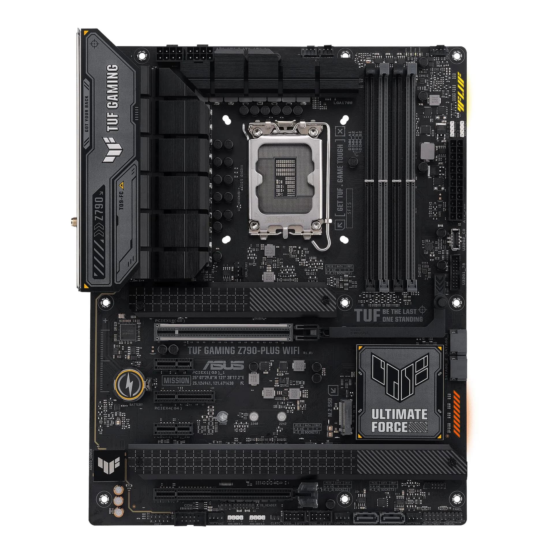Mainboard ASUS Intel Z790 LGA1700 ATX Memory DDR5 Memory slots 4 2xPCI-Express 3.0 1x 1xPCI-Express 4.0 4x	 1xPCI-Express 4.0 16x 1xPCI-Express 5.0 16x 4xM.2 1xHDMI 1xDisplayPort 6xUSB 3.2 2xUSB-C 1xOptical S/PDIF 1xRJ45 5xAudio port TUFGAMINGZ790-PLUSWIFI - Image 1