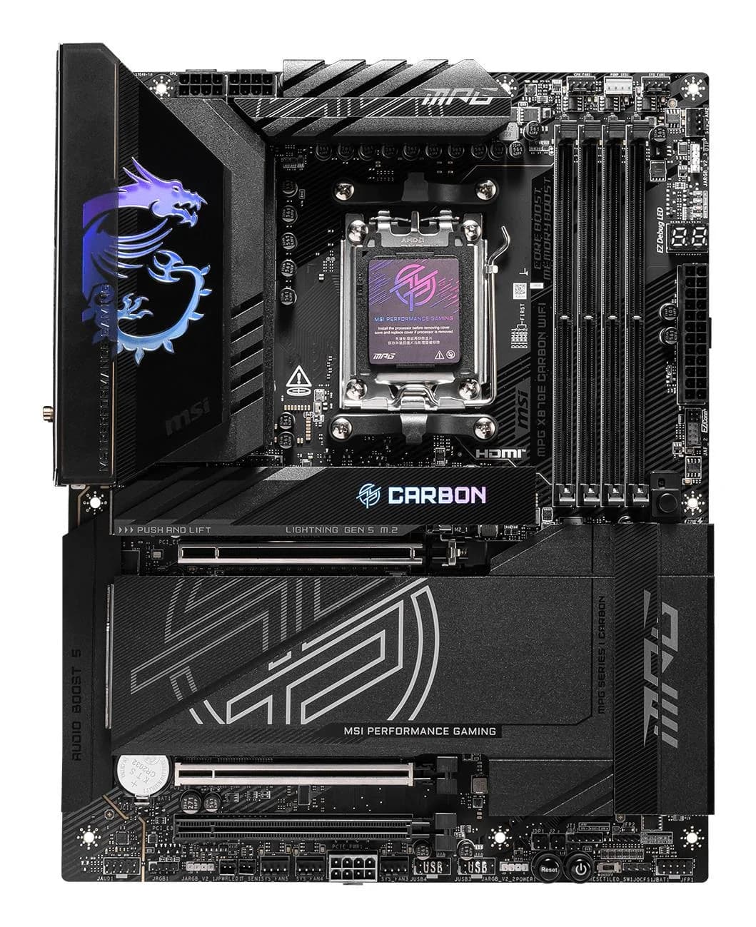 Mainboard|MSI|AMD X870E|SAM5|ATX|Memory DDR5|Memory slots 4|3xPCI-Express 16x|1xPCI-Express 4.0 4x	|1xPCI-Express 5.0 4x|1xPCI-Express 5.0 16x|4xM.2|4xUSB 2.0|4xUSB 3.2|3xUSB-C|1xOptical S/PDIF|2xRJ45|2xAudio port|MPGX870ECARBONWIFI - Image 2