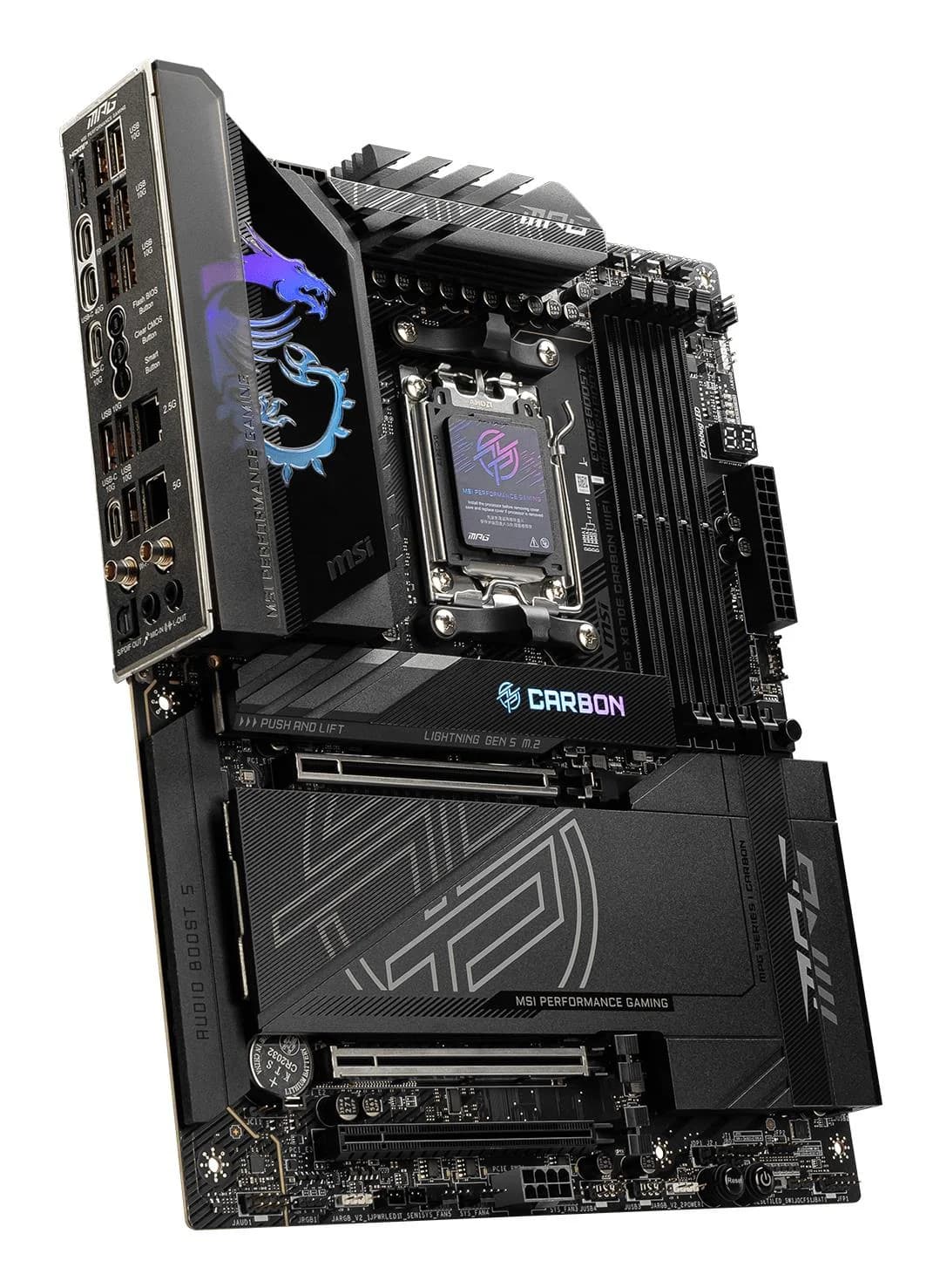 Mainboard|MSI|AMD X870E|SAM5|ATX|Memory DDR5|Memory slots 4|3xPCI-Express 16x|1xPCI-Express 4.0 4x	|1xPCI-Express 5.0 4x|1xPCI-Express 5.0 16x|4xM.2|4xUSB 2.0|4xUSB 3.2|3xUSB-C|1xOptical S/PDIF|2xRJ45|2xAudio port|MPGX870ECARBONWIFI - Image 4