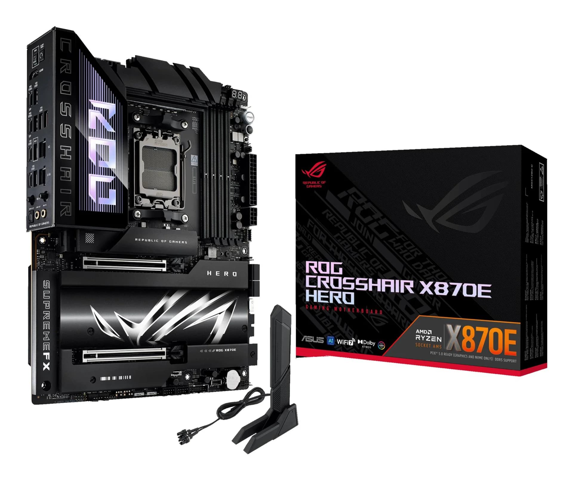 Mainboard|ASUS|AMD X870E|SAM5|ATX|Memory DDR5|Memory slots 4|2xPCI-Express 4.0 16x|2xPCI-Express 5.0 16x|4xM.2|1xHDMI|1xAudio-In|1xAudio-Out|6xUSB 3.2|2xUSB-C|2xUSB4|1xOptical S/PDIF|1xRJ45|ROGCROSSHAIRX870EHERO - Image 1