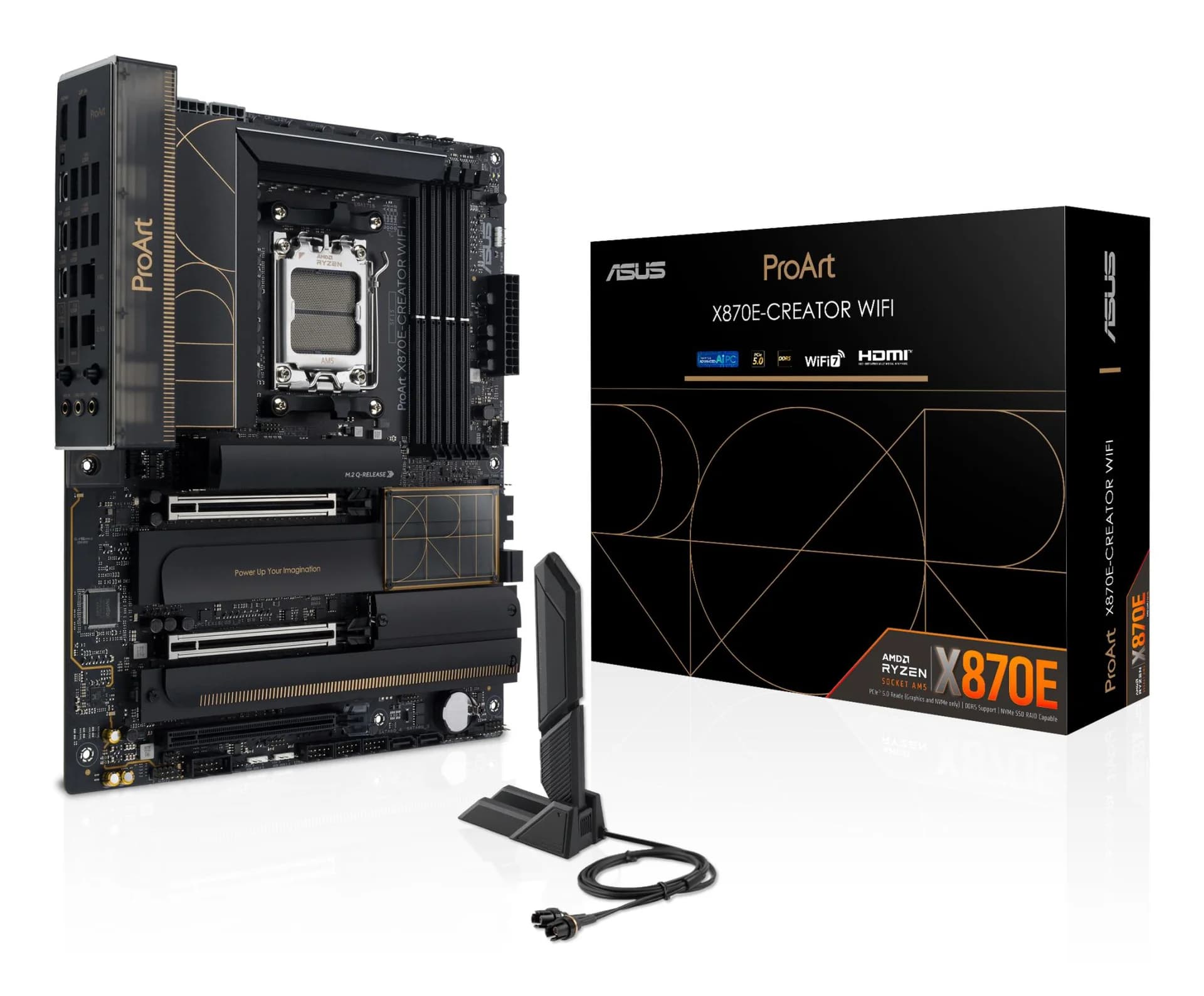 Mainboard|ASUS|AMD X870E|SAM5|ATX|Memory DDR5|Memory slots 4|3xPCI-Express 4.0 16x|2xPCI-Express 5.0 16x|4xM.2|1xHDMI|1xDisplayPort|1xUSB 2.0|7xUSB 3.2|3xUSB-C|1xRJ45|3xAudio port|PROARTX870E-CREATORWIFI - Image 1