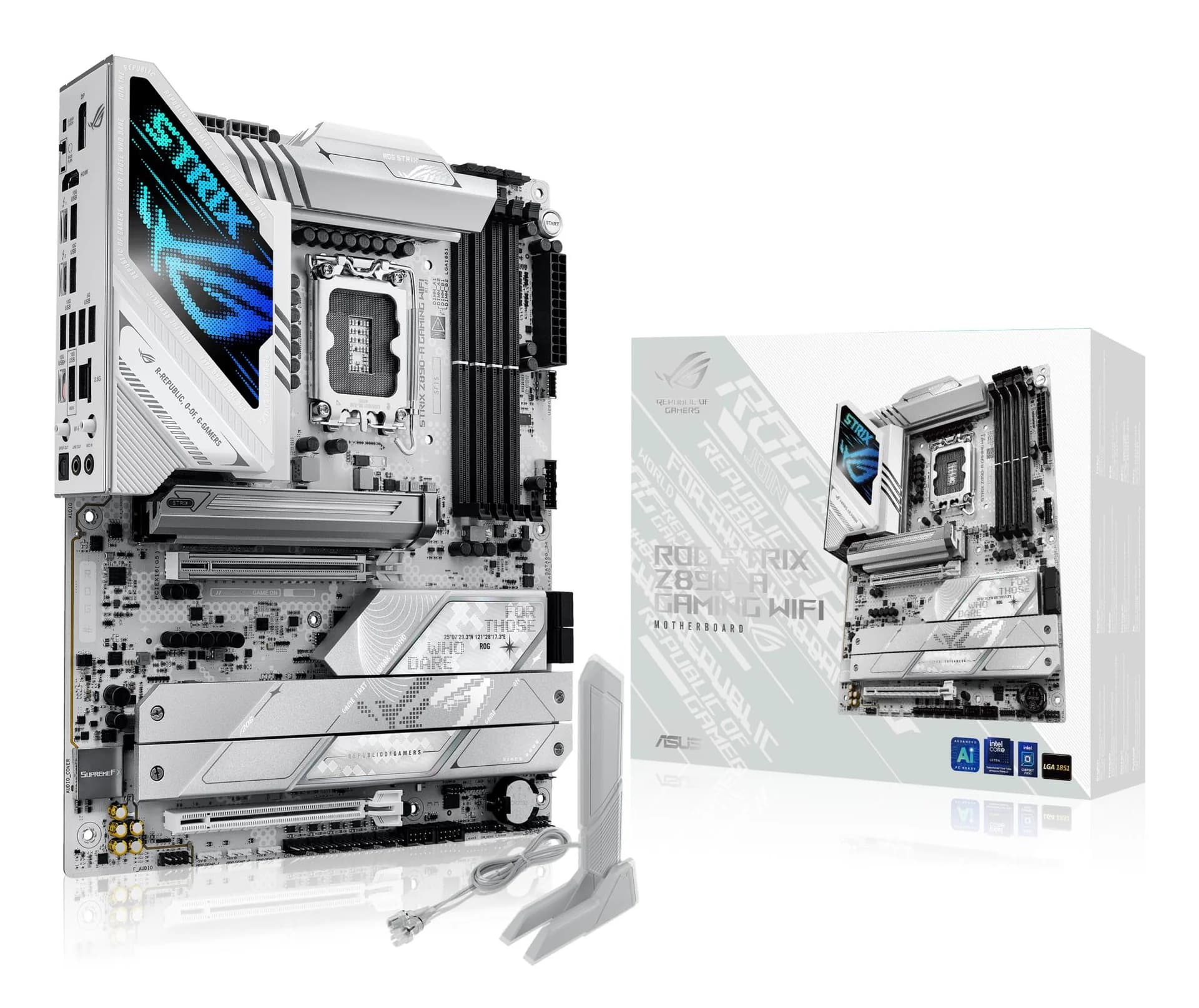 Mainboard ASUS Intel Z890 LGA1851 ATX Memory DDR5 Memory slots 4 1xPCI-Express 4.0 16x 1xPCI-Express 5.0 16x 5xM.2 1xHDMI 1xDisplayPort 1xAudio-In 1xAudio-Out 2xUSB 3.0 5xUSB 3.1 1xUSB-C 2xUSB-C w/Thunderbolt 1xOptical S/PDIF 1xRJ45 ROGSTRIXZ890-AGAMWIFI - Image 1