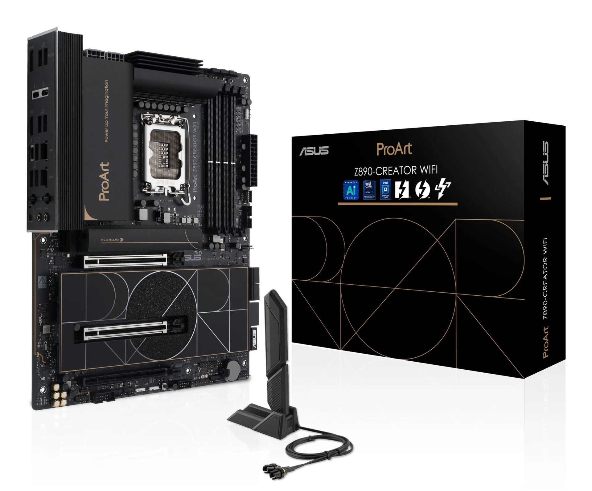 Mainboard|ASUS|Intel Z890|LGA1851|ATX|Memory DDR5|Memory slots 4|1xPCI-Express 4.0 16x|2xPCI-Express 5.0 16x|5xM.2|1xHDMI|1xDisplayPort|1xAudio-In|1xAudio-Out|1xUSB 2.0|6xUSB 3.2|3xUSB-C w/Thunderbolt|1xRJ45|PROARTZ890-CREATORWIFI - Image 1