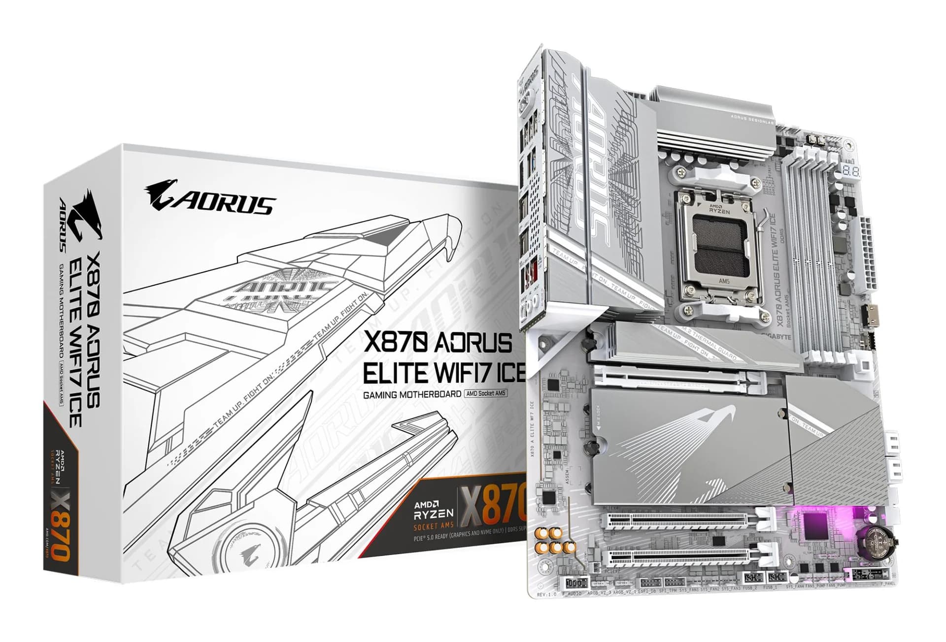 Mainboard GIGABYTE AMD X870E SAM5 ATX Memory DDR5 Memory slots 4 1xPCI-Express 3.0 2x 1xPCI-Express 4.0 4x	 1xPCI-Express 5.0 16x 4xM.2 1xHDMI 4xUSB 2.0 6xUSB 3.2 2xUSB-C 1xOptical S/PDIF 1xRJ45 2xAudio port X870AELITEWF7ICE1.1 - Image 1