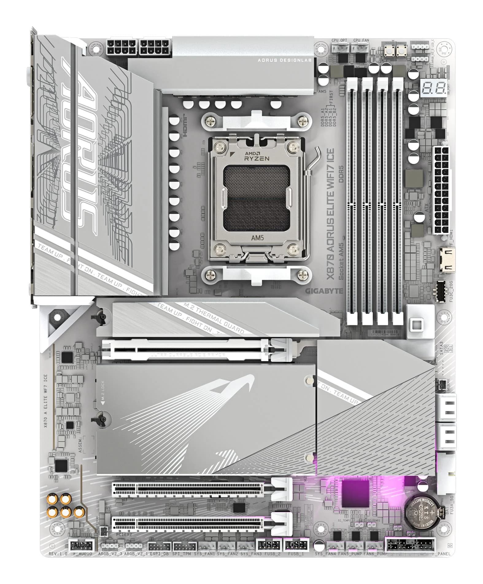 Mainboard GIGABYTE AMD X870E SAM5 ATX Memory DDR5 Memory slots 4 1xPCI-Express 3.0 2x 1xPCI-Express 4.0 4x	 1xPCI-Express 5.0 16x 4xM.2 1xHDMI 4xUSB 2.0 6xUSB 3.2 2xUSB-C 1xOptical S/PDIF 1xRJ45 2xAudio port X870AELITEWF7ICE1.1 - Image 2