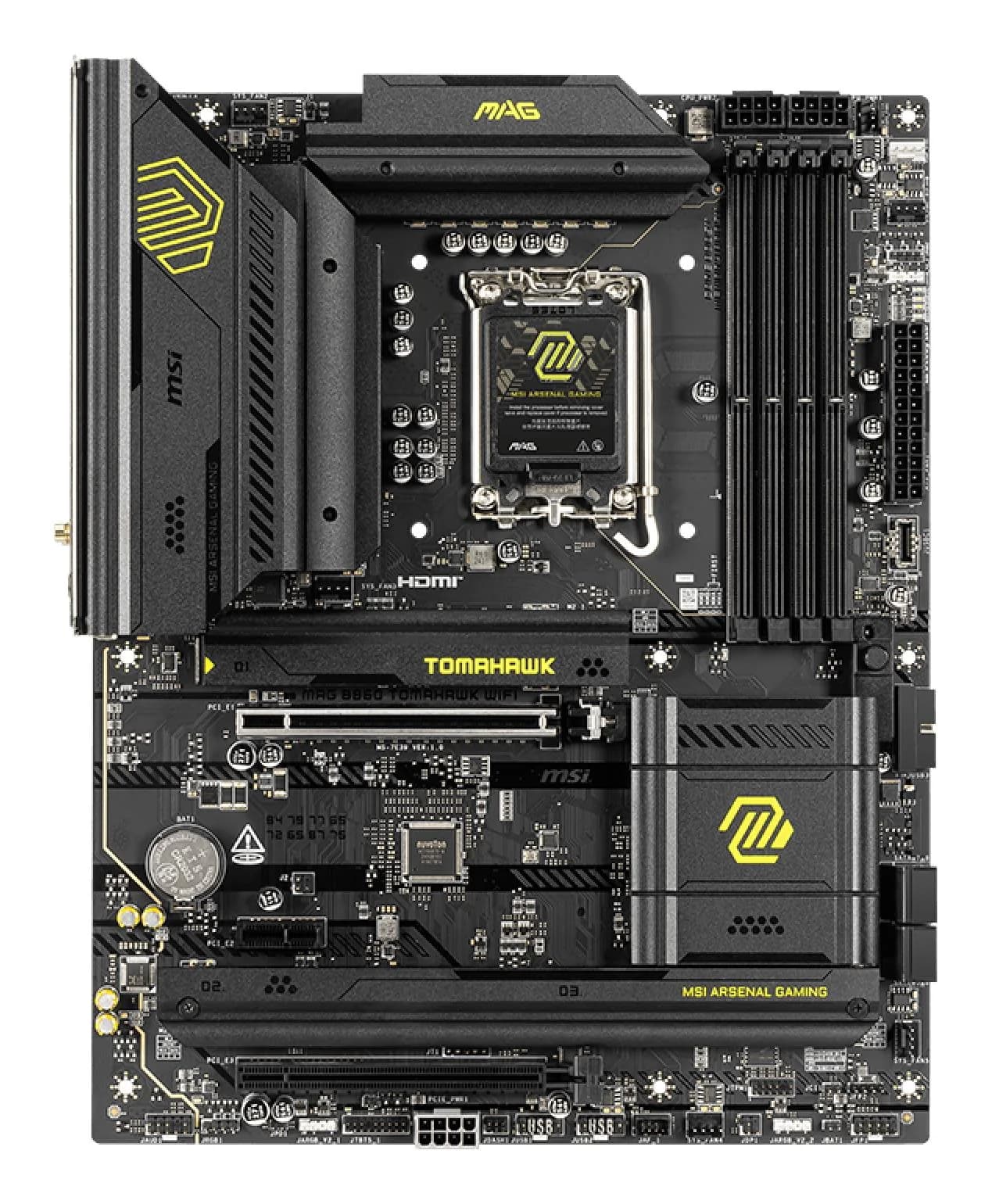 Mainboard|MSI|Intel B860 Express|LGA1851|ATX|Memory DDR5|Memory slots 4|1xPCI-Express 4.0 1x|1xPCI-Express 4.0 4x	|1xPCI-Express 5.0 16x|3xM.2|1xHDMI|1xDisplayPort|8xUSB 2.0|6xUSB 3.2|3xUSB-C|1xOptical S/PDIF|1xRJ45|3xAudio port|1xThunderbolt|MAGB860TOMAHAWKWIFI - Image 1