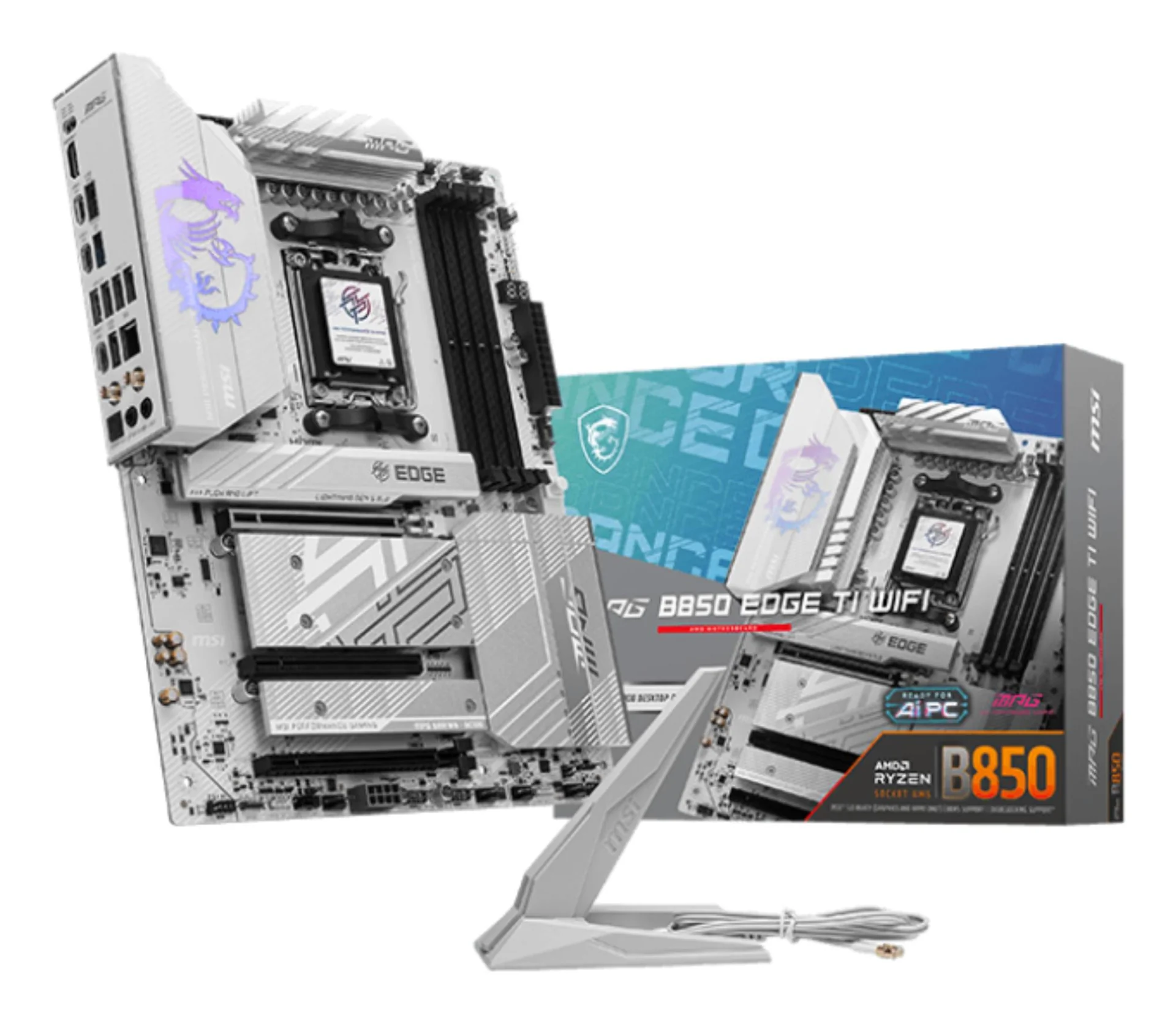 Mainboard MSI AMD B850 SAM5 ATX Memory DDR5 Memory slots 4 3xPCI-Express 16x 4xM.2 1xHDMI 1xAudio-In 1xAudio-Out 4xUSB 2.0 1xUSB 3.0 2xUSB 3.2 3xUSB-C 1xOptical S/PDIF 1xRJ45 MPGB850EDGETIWIFI - Image 1