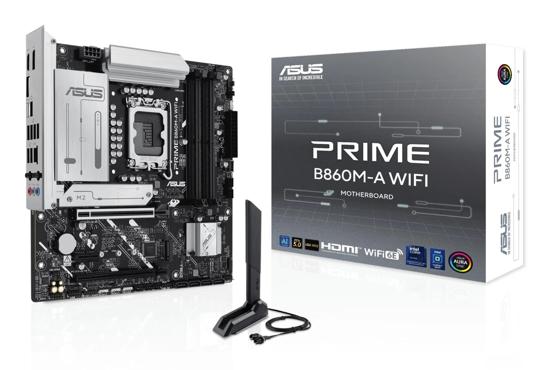 Mainboard|ASUS|Intel B860 Express|LGA1851|Micro-ATX|Memory DDR5|Memory slots 4|1xPCI-Express 4.0 1x|1xPCI-Express 4.0 16x|1xPCI-Express 5.0 16x|2xM.2|1xHDMI|1xDisplayPort|7xUSB 2.0|1xUSB-C|1xUSB-C w/Thunderbolt|1xOptical S/PDIF|1xRJ45|3xAudio port|PRIMEB860M-AWIFI - Image 1