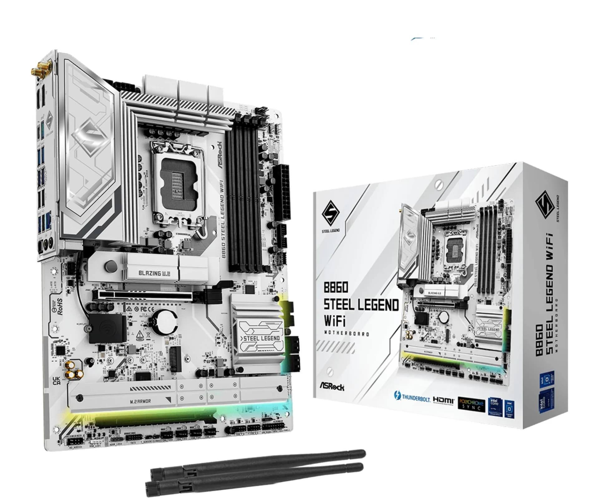Mainboard|ASROCK|Intel B860 Express|LGA1851|ATX|Memory DDR5|Memory slots 4|1xPCI-Express 4.0 16x|1xPCI-Express 5.0 16x|1xM.2|1xHDMI|1xDisplayPort|1xAudio-Out|1xMicrophone|3xUSB 2.0|6xUSB 3.2|1xUSB-C w/Thunderbolt|1xOptical S/PDIF|1xRJ45|B860STEELLEGENDWIFI - Image 1