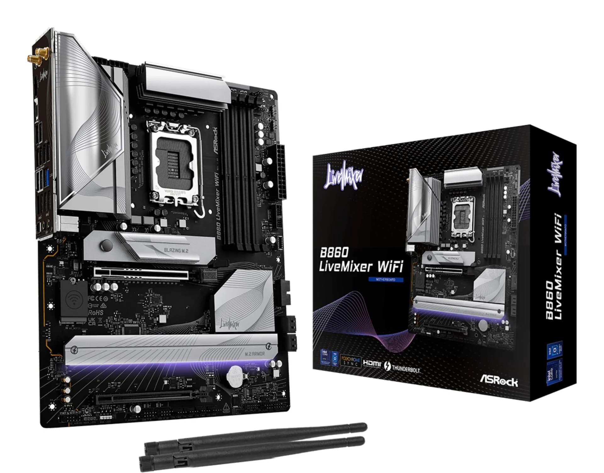 Mainboard ASROCK Intel B860 Express LGA1851 ATX Memory DDR5 Memory slots 4 1xPCI-Express 4.0 16x 1xPCI-Express 5.0 16x 1xM.2 1xHDMI 1xAudio-Out 1xMicrophone 6xUSB 2.0 6xUSB 3.2 1xUSB-C w/Thunderbolt 1xOptical S/PDIF 1xRJ45 B860LIVEMIXERWIFI - Image 1