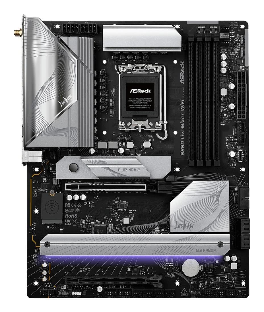 Mainboard ASROCK Intel B860 Express LGA1851 ATX Memory DDR5 Memory slots 4 1xPCI-Express 4.0 16x 1xPCI-Express 5.0 16x 1xM.2 1xHDMI 1xAudio-Out 1xMicrophone 6xUSB 2.0 6xUSB 3.2 1xUSB-C w/Thunderbolt 1xOptical S/PDIF 1xRJ45 B860LIVEMIXERWIFI - Image 2