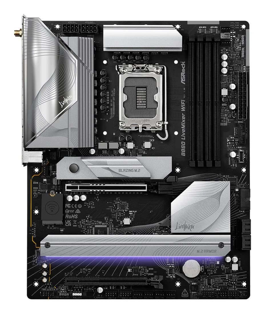 Mainboard ASROCK Intel B860 Express LGA1851 ATX Memory DDR5 Memory slots 4 1xPCI-Express 4.0 16x 1xPCI-Express 5.0 16x 1xM.2 1xHDMI 1xAudio-Out 1xMicrophone 6xUSB 2.0 6xUSB 3.2 1xUSB-C w/Thunderbolt 1xOptical S/PDIF 1xRJ45 B860LIVEMIXERWIFI - Image 3