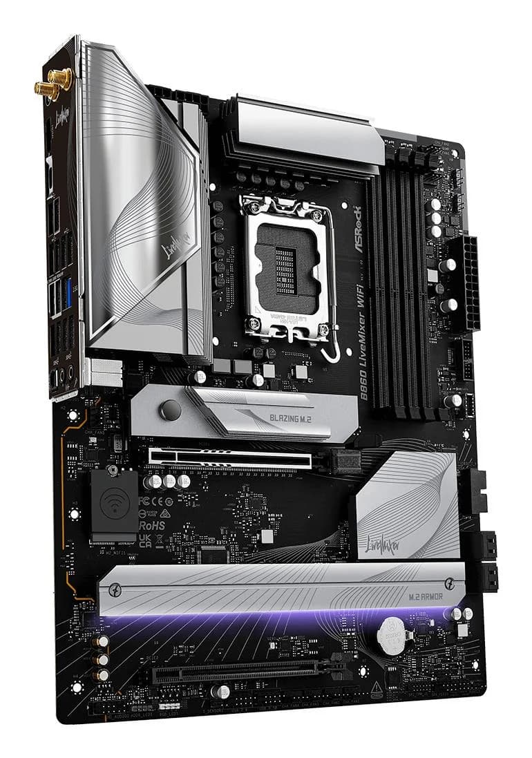 Mainboard ASROCK Intel B860 Express LGA1851 ATX Memory DDR5 Memory slots 4 1xPCI-Express 4.0 16x 1xPCI-Express 5.0 16x 1xM.2 1xHDMI 1xAudio-Out 1xMicrophone 6xUSB 2.0 6xUSB 3.2 1xUSB-C w/Thunderbolt 1xOptical S/PDIF 1xRJ45 B860LIVEMIXERWIFI - Image 4