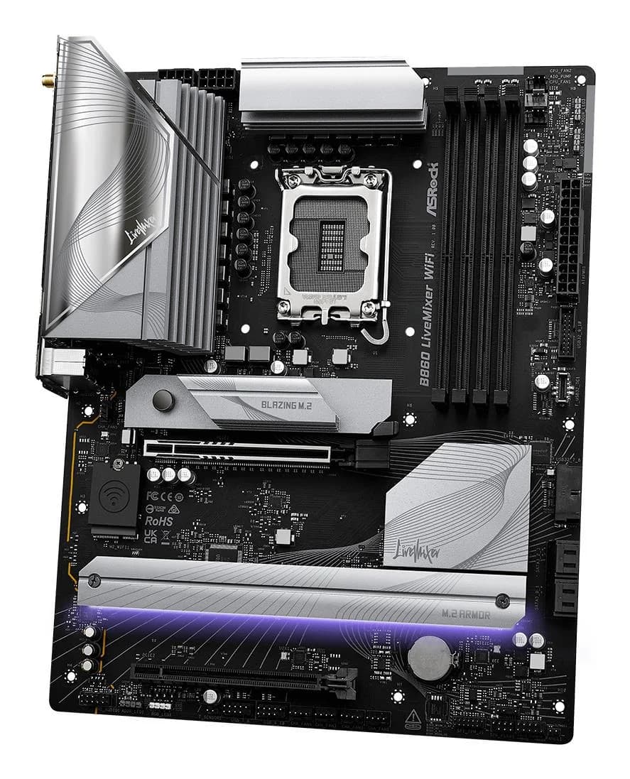 Mainboard ASROCK Intel B860 Express LGA1851 ATX Memory DDR5 Memory slots 4 1xPCI-Express 4.0 16x 1xPCI-Express 5.0 16x 1xM.2 1xHDMI 1xAudio-Out 1xMicrophone 6xUSB 2.0 6xUSB 3.2 1xUSB-C w/Thunderbolt 1xOptical S/PDIF 1xRJ45 B860LIVEMIXERWIFI - Image 5