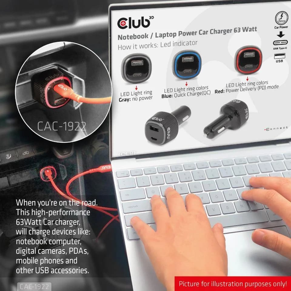 NB CHARGER CAR USB+USB-C/63W CAC-1922 CLUB3D - Image 3