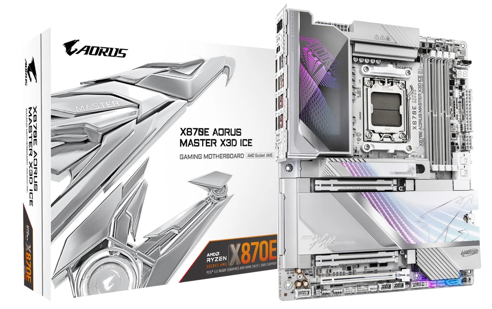 Mainboard GIGABYTE AMD X870E Socket AM5 ATX RAM DDR5-SDRAM 4xSlots Wi-Fi Yes Bluetooth Yes 5xNumber of M.2 (M) slots X870E A MASTER X ICE X870EAMASTERXICE - Image 1