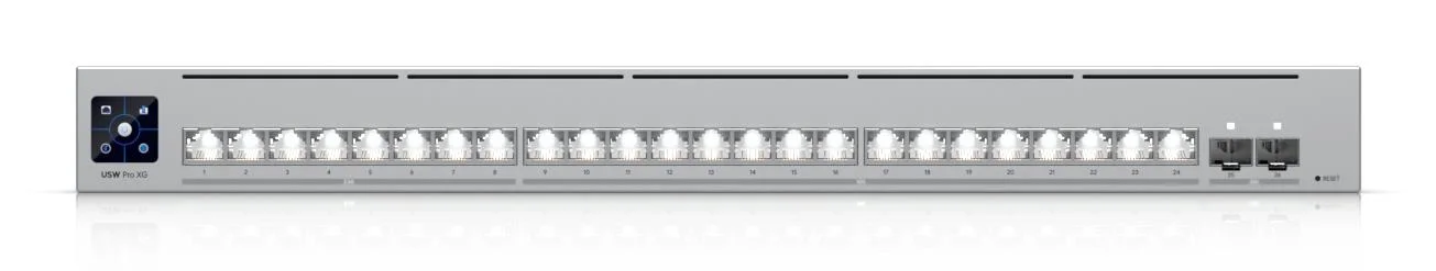 Switch UBIQUITI Switch type Managed Switch layer L2/L3 Rack mounting Yes Stackable Yes Form factor 1U 24xRJ-45 ports RJ-45 Ports Type 10G Ethernet (100/1000/10000) 8x2.5G Ethernet (copper) ports quantity 16x10G Ethernet (copper) ports quantity 2xSFP28 ports quantity 10G support Yes USW-PRO-XG-24 - Image 3