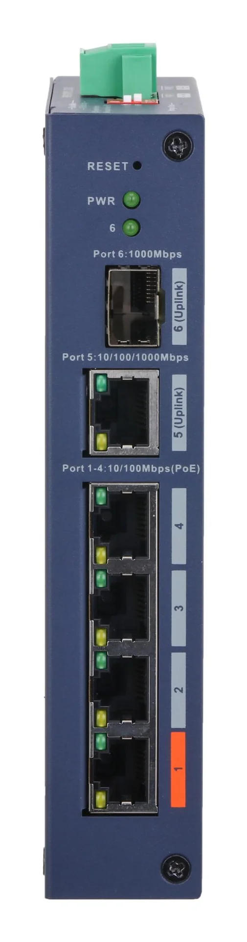 Switch DAHUA Switch type Managed Switch layer L2 Form factor Desktop 4xRJ-45 ports RJ-45 Ports Type Fast Ethernet (10/100) 4xFast Ethernet (copper) ports quantity 1xGigabit Ethernet (copper) ports quantity 1xSFP module slots quantity 1xFiber uplink ports quantity Power over Ethernet (PoE) Yes 4xPower over Ethernet (PoE) ports quantity Total Power over Ethernet (PoE) budget 60 W CHS4106-4ET-60 - Image 2