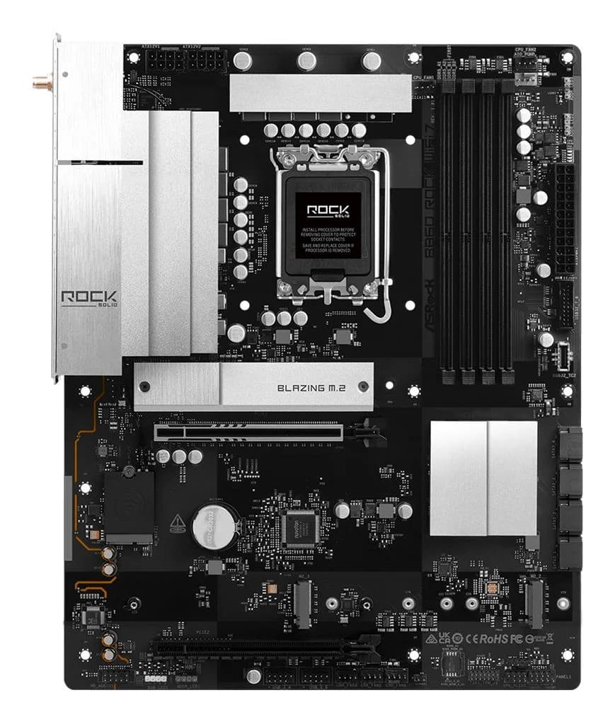 Mainboard ASROCK B860 Rock WiFi 7 Intel B860 LGA 1851 (Socket V1) ATX RAM DDR5-SDRAM 4xSlots Wi-Fi Yes Bluetooth Yes 3xNumber of M.2 (M) slots B860ROCKWIFI7 - Image 1