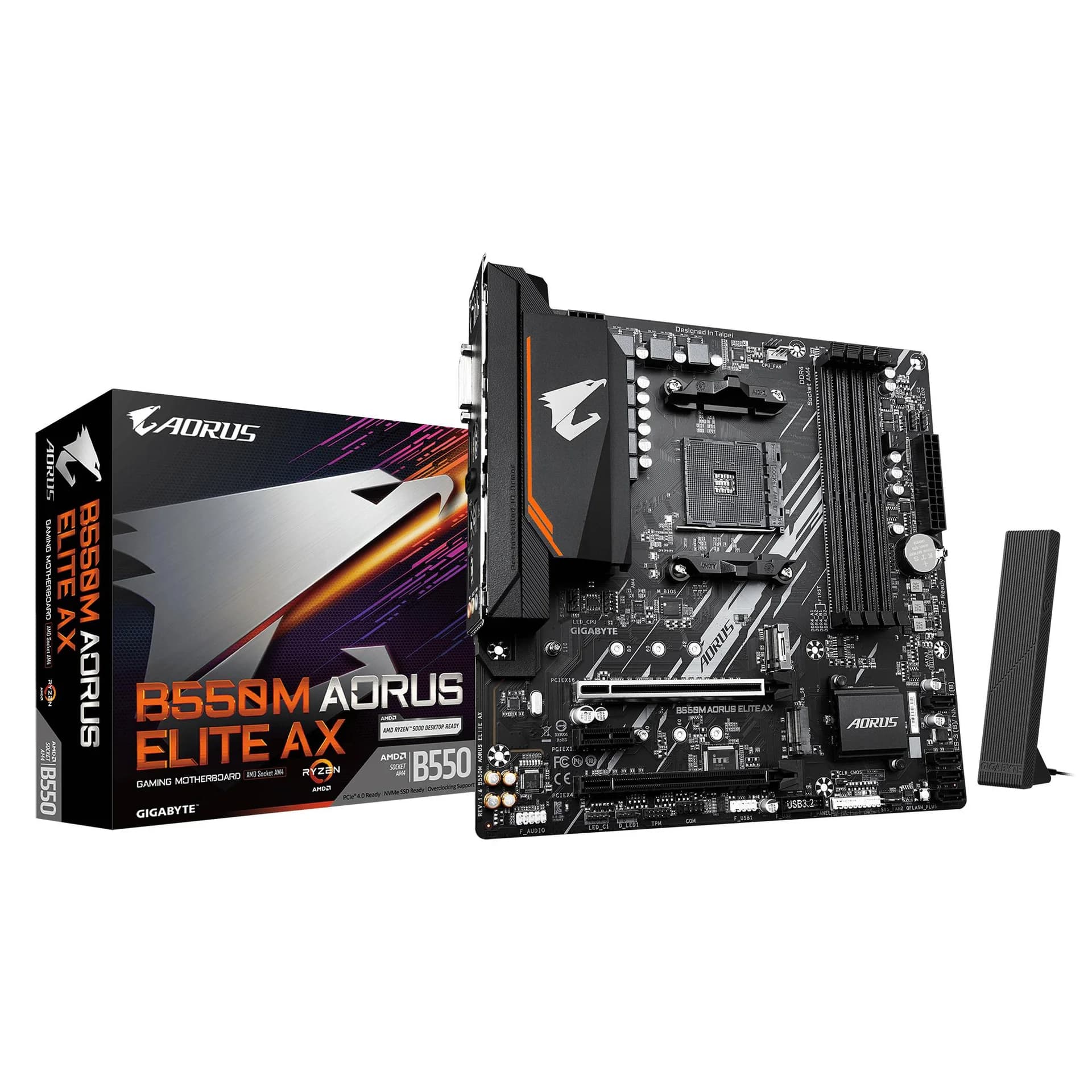 Mainboard GIGABYTE AMD B550 Socket AM4 micro ATX RAM DDR4-SDRAM 4xSlots Wi-Fi Yes Bluetooth Yes 2xNumber of M.2 (M) slots B550M AORUS ELITE AX (REV. 1.4) B550MAORUSELITEAX1.4 - Image 1