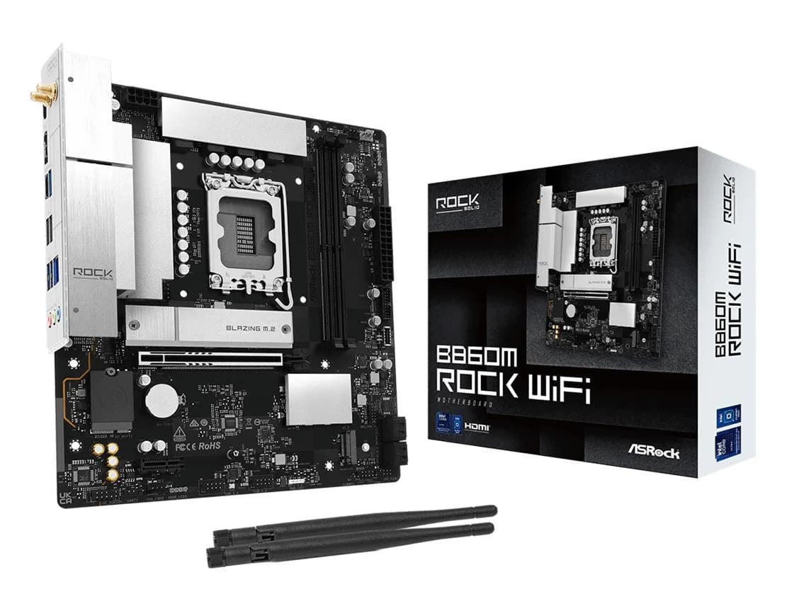 Mainboard ASROCK Intel B860 LGA 1851 (Socket V1) micro ATX RAM DDR5-SDRAM 2xSlots Wi-Fi Yes Bluetooth Yes 1xNumber of M.2 (M) slots B860MROCKWIFI - Image 1