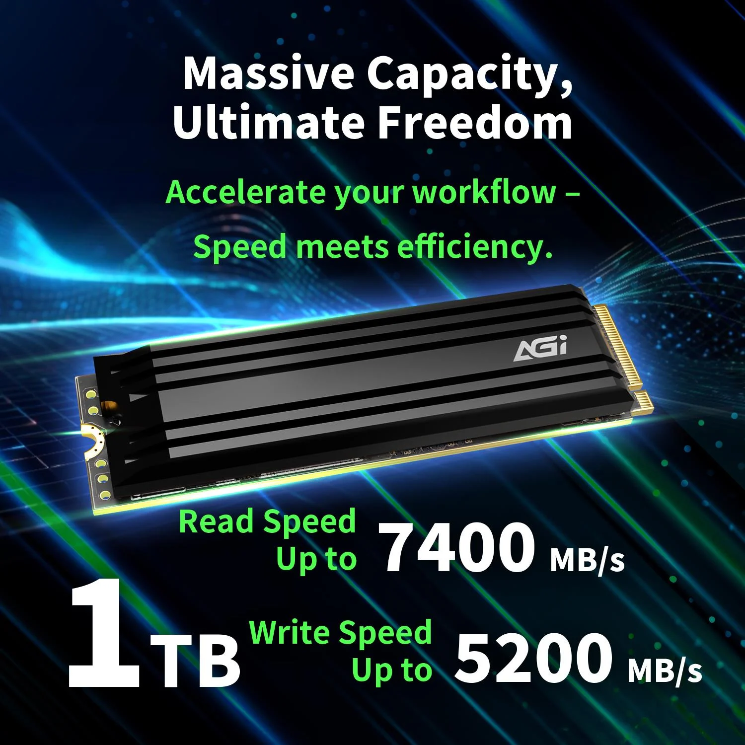SSD AGI 750xTBW rating MTBF 2000000 h Read speed 7400 MB/s Write speed 5200 MB/s NVMe Yes PCI Express 4.0 M.2 1000 GB AGI1T0G44AI828-CB - Image 1