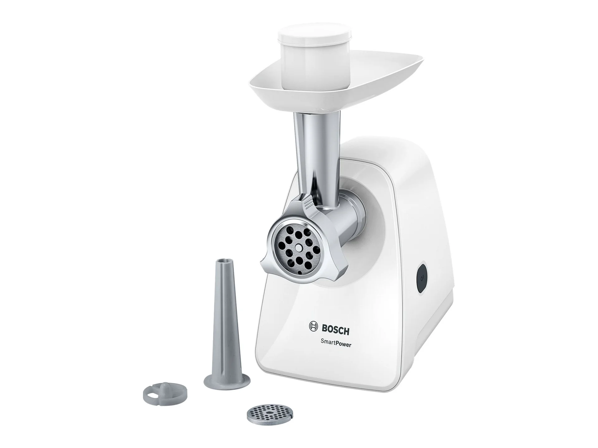Bosch   Meat mincer SmartPower   MFW2510W   White   350 W   Number of speeds 1   2 Discs: 3.8 and 8 mm; Sausage filler accessory. - Image 1