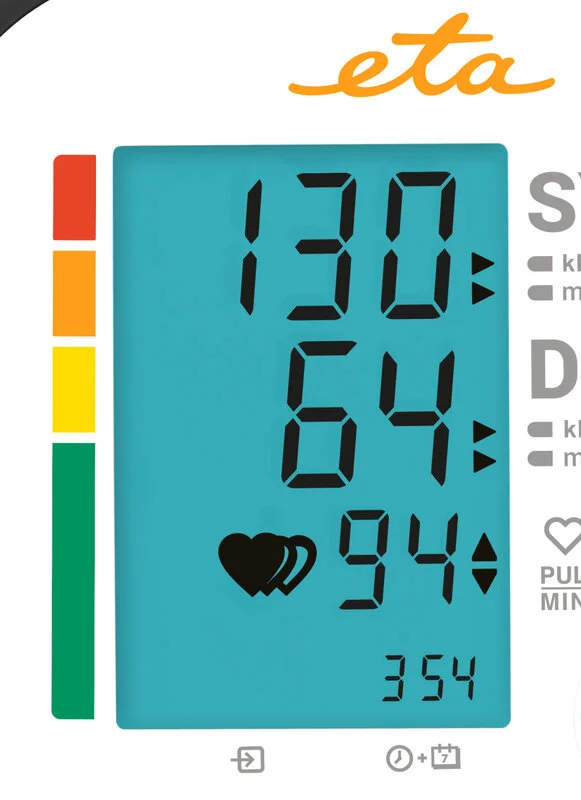 ETA   Upper Arm Blood Pressure Monitor   ETA229790000   Memory function   Number of users 2 user(s)   4   Suitable for home use. Measurement of systolic and diastolic pressure, pulse. Oscillometric measurement method. Display of measured values ​​on LCD. 