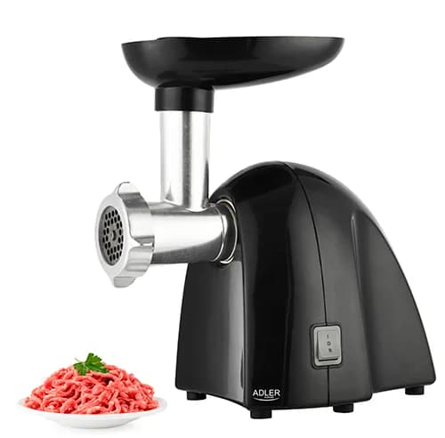 Adler   Meat mincer   AD 4811   Black   600 W   Number of speeds 1   Throughput (kg/min) 1.8   3 replaceable sieves: 3mm for grinding poppies and preparing meat and vegetable stuffing; 5mm for meatballs, Roman roast and beef burgers; 7mm for coarsely grou