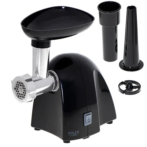 Adler   Meat mincer   AD 4811   Black   600 W   Number of speeds 1   Throughput (kg/min) 1.8   3 replaceable sieves: 3mm for grinding poppies and preparing meat and vegetable stuffing; 5mm for meatballs, Roman roast and beef burgers; 7mm for coarsely grou