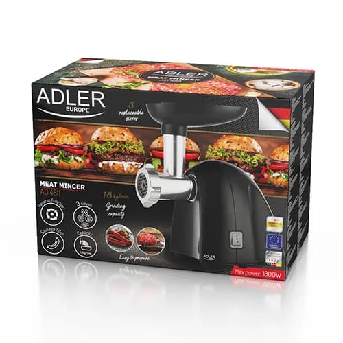 Adler   Meat mincer   AD 4811   Black   600 W   Number of speeds 1   Throughput (kg/min) 1.8   3 replaceable sieves: 3mm for grinding poppies and preparing meat and vegetable stuffing; 5mm for meatballs, Roman roast and beef burgers; 7mm for coarsely grou