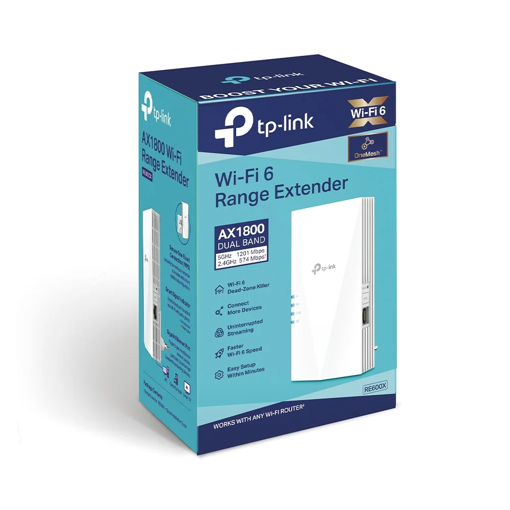 TP-LINK   AX1800 Wi-Fi 6 Range Extender   RE600X   802.11ax   2.4GHz/5GHz   Ethernet LAN (RJ-45) ports 1   MU-MiMO Yes   no PoE   Antenna type 2xInternal - Image 4