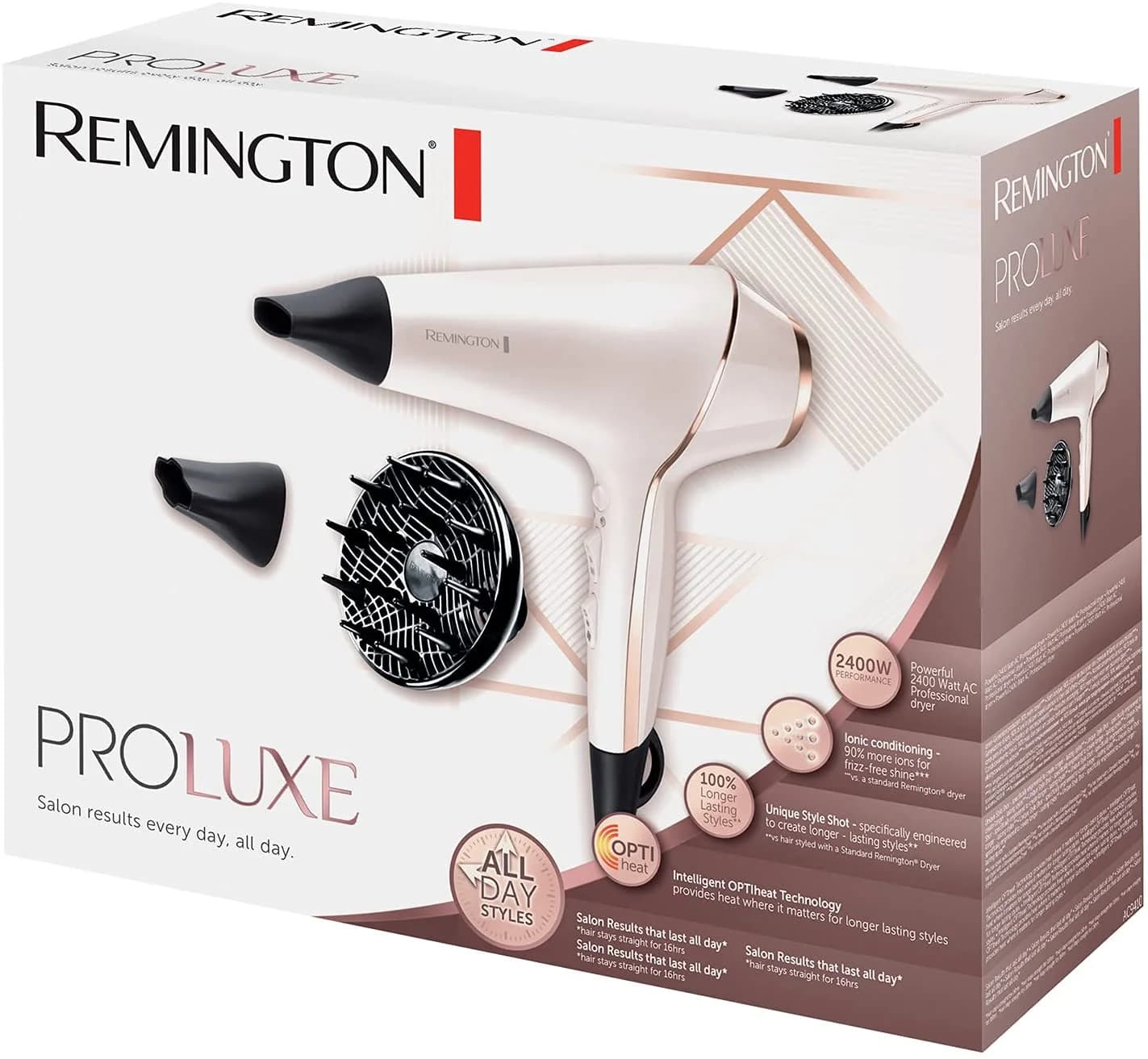 Remington   Hair dryer   ProLuxe AC9140   2400 W   Number of temperature settings 3   Ionic function   Diffuser nozzle   White/Gold/Black - Image 4