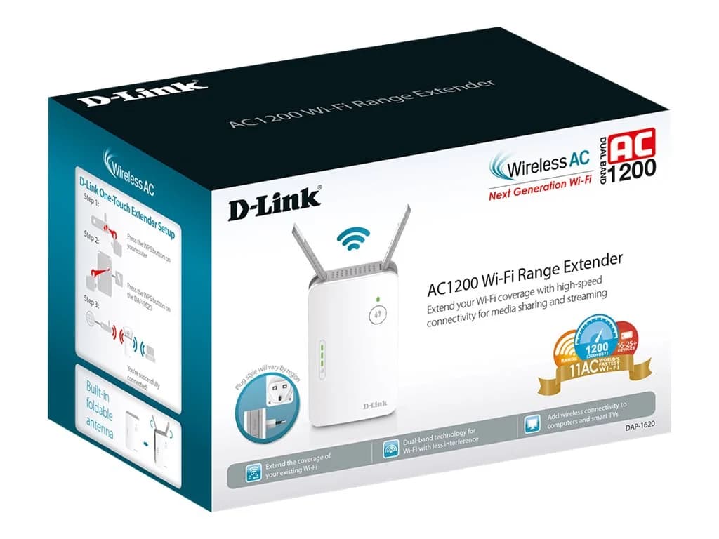 D-Link   AC1300 Wi-Fi Range Extender   DAP-1620   802.11ac   Mesh Support No   400+867 Mbit/s   10/100/1000 Mbit/s   Ethernet LAN (RJ-45) ports 1   No mobile broadband   MU-MiMO No   Antenna type External - Image 15