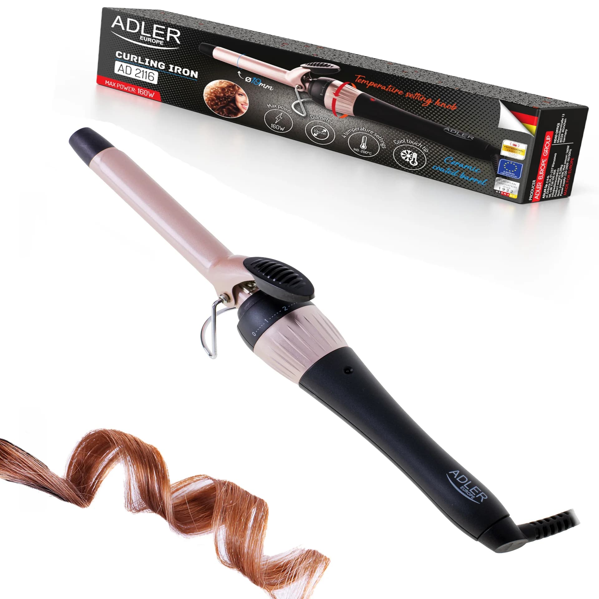 Adler   Curling Iron   AD 2116   Ceramic heating system   Barrel diameter 19 mm   Temperature (max) 200 °C   36 W   Black/Pink - Image 5