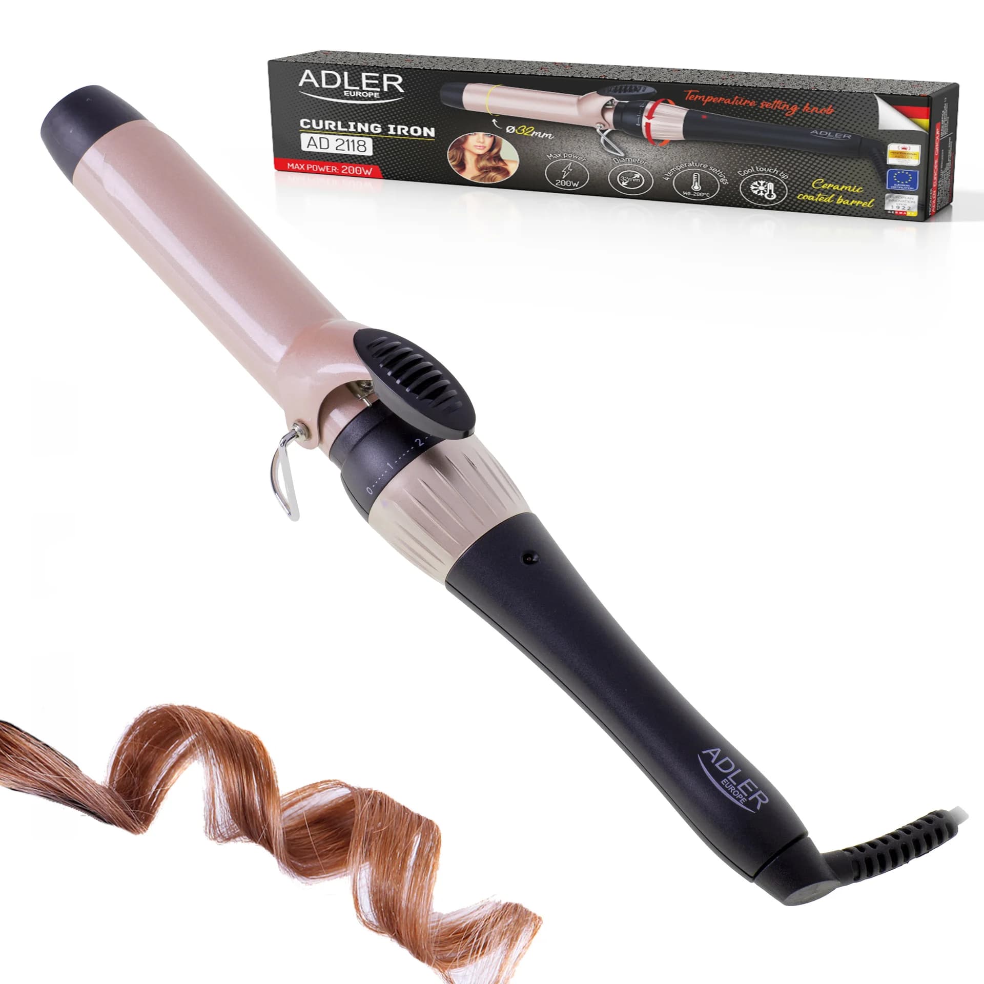 Adler   Curling Iron   AD 2118   Ceramic heating system   Barrel diameter 32 mm   Temperature (max) 200 °C   56 W   Black/Pink - Image 5