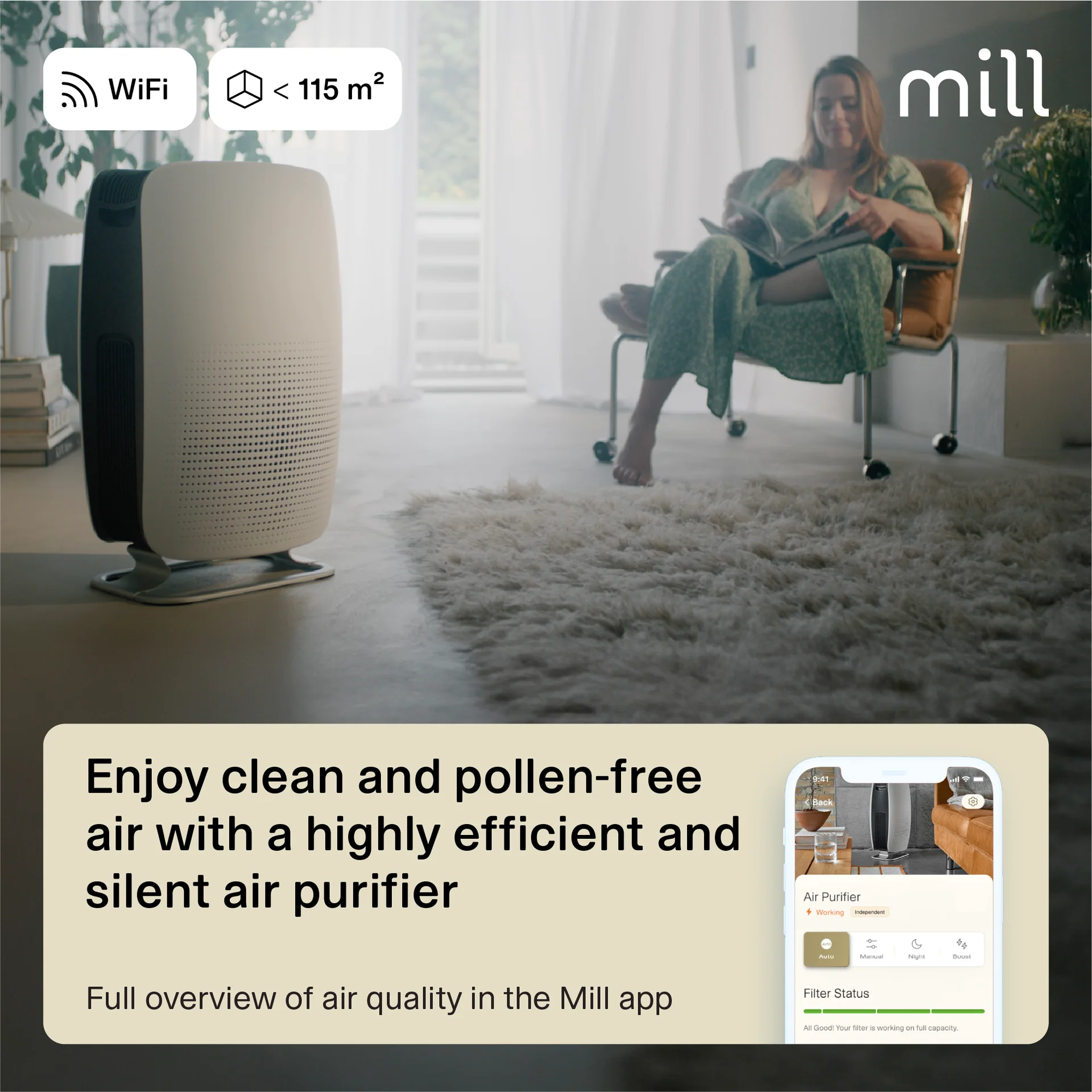 Mill Silent Pro Air Purifier APSILENT Suitable for rooms up to 115 m² 68.3 m³ White/Black - Image 6