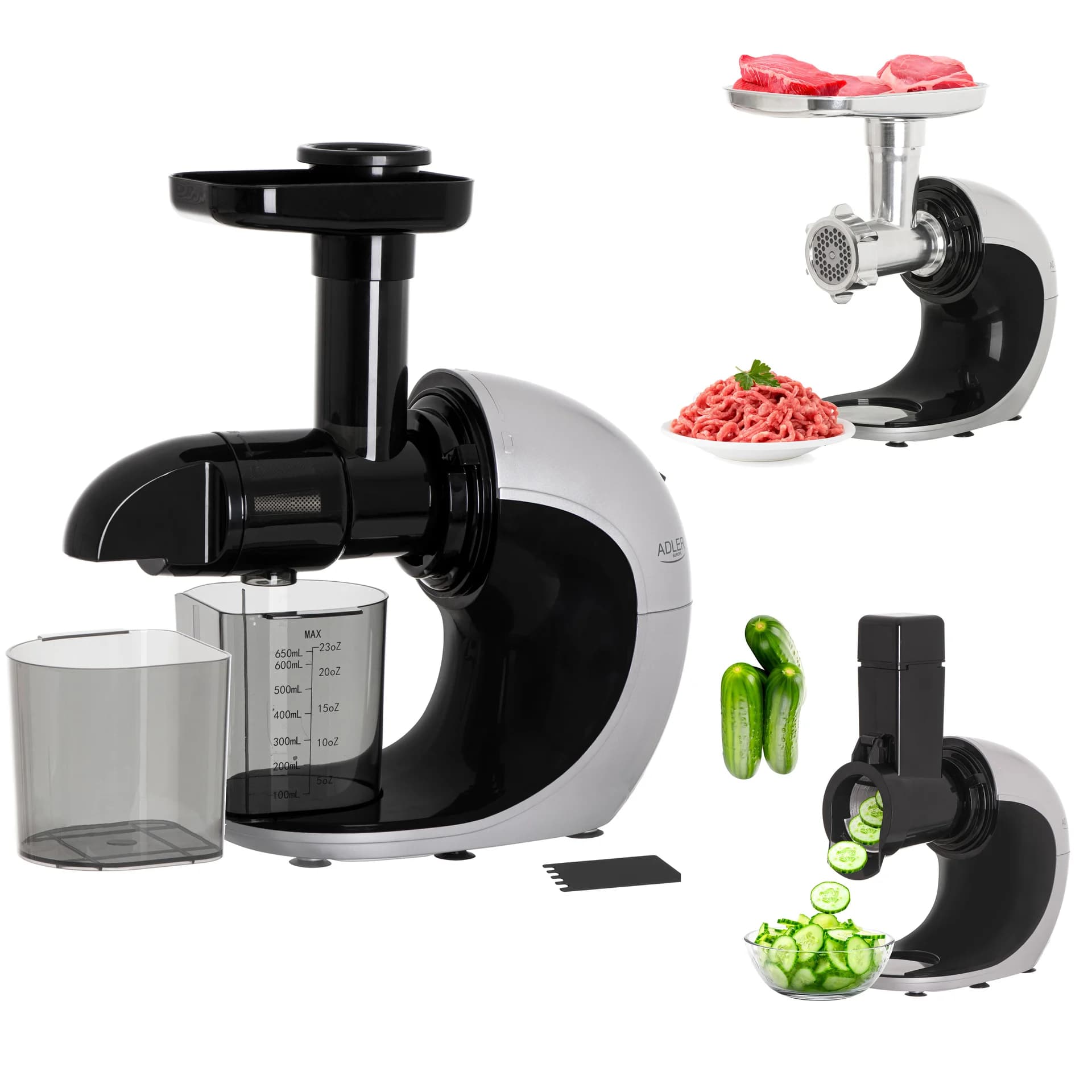 Adler   Slow-speed juicer 3in1 - Meat mincer, Juicer, Vegetable grater   AD 4131   Type  Slow Juicer   Stainless Steel   150 W   Number of speeds 1   90-105 RPM - Image 5