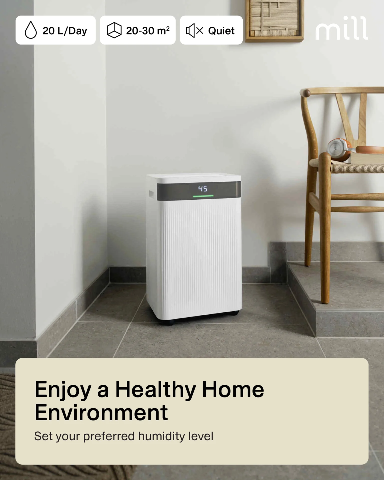 Mill Dehumidifier MDH20 Suitable for rooms up to 20-30 m² Water tank capacity 4 L White - Image 2