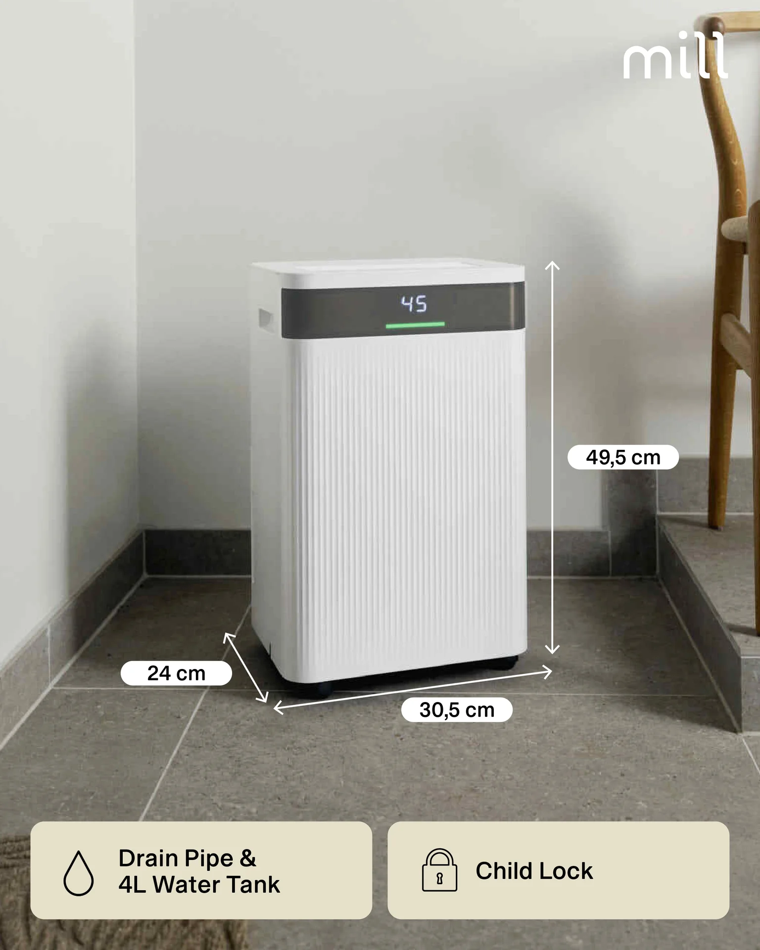 Mill Dehumidifier MDH20 Suitable for rooms up to 20-30 m² Water tank capacity 4 L White - Image 3