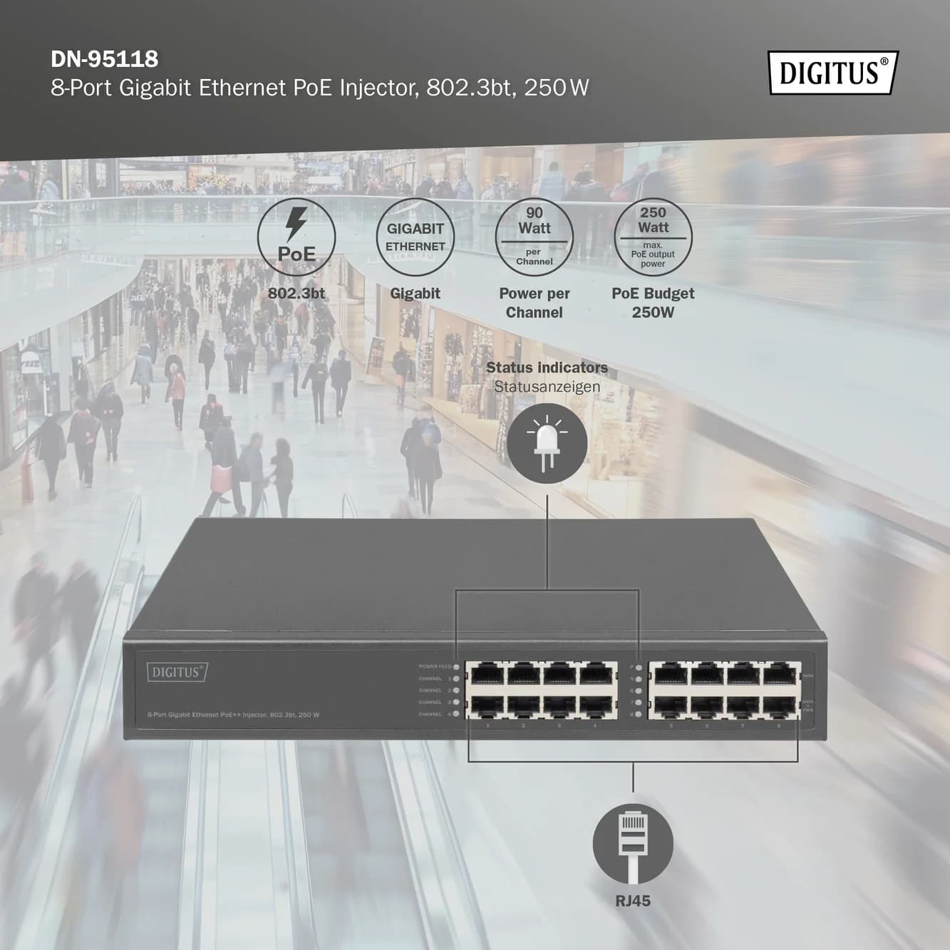 8-Port Gigabit Ethernet PoE Injector, 802.3bt, 250 W   DN-95118 - Image 6