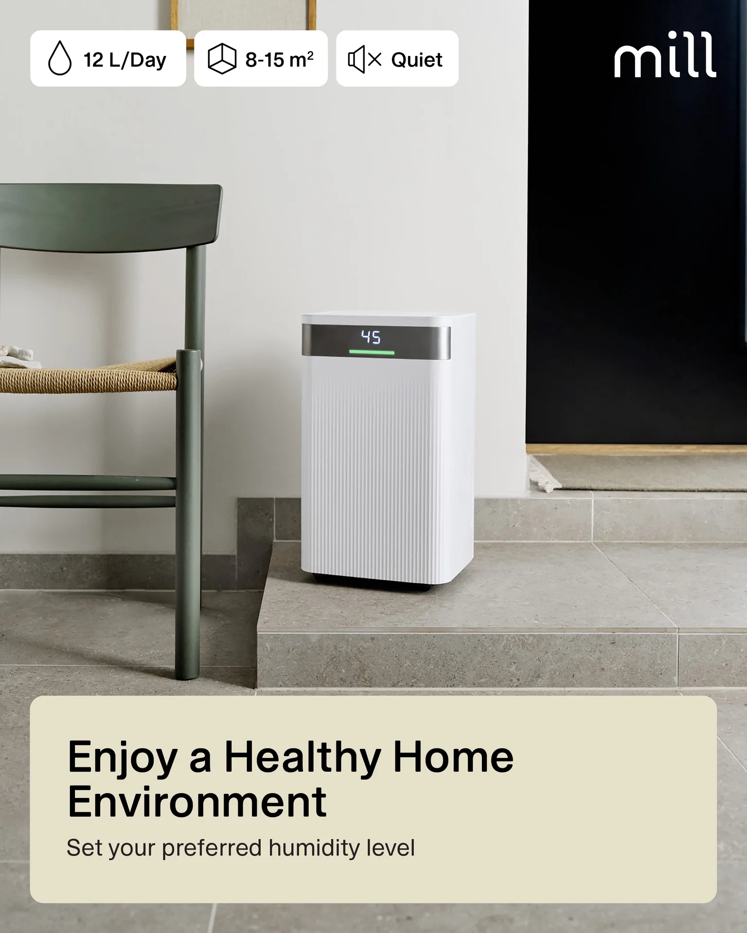 Mill Dehumidifier   MDH12   Power 200 W   Suitable for rooms up to 8-15 m²   Water tank capacity 2 L   White - Image 10
