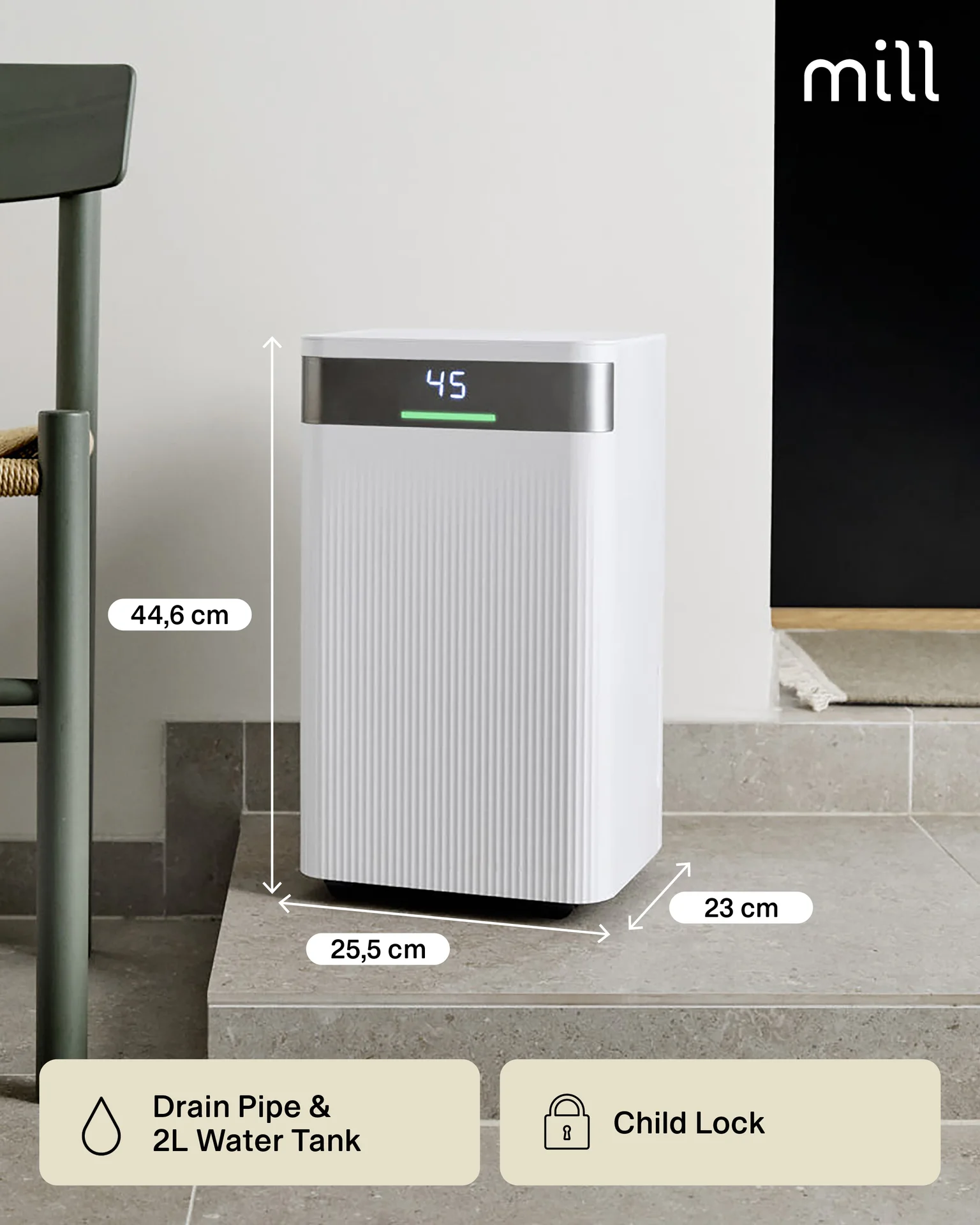 Mill Dehumidifier   MDH12   Power 200 W   Suitable for rooms up to 8-15 m²   Water tank capacity 2 L   White - Image 8