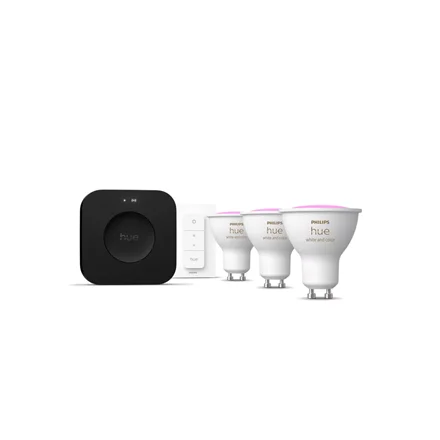 Philips Hue Starter set: 3 GU10 bulbs, dimmer switch, Hue Bridge Pro GU10 Zigbee, Wi-Fi, Bluetooth - Image 1