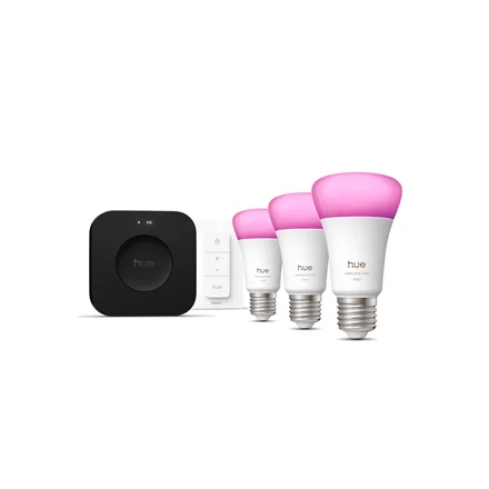 Philips Hue Starter set: 3 smart E27 bulbs, dimmer switch, Hue Bridge Pro   E27   White and colored light - Image 1