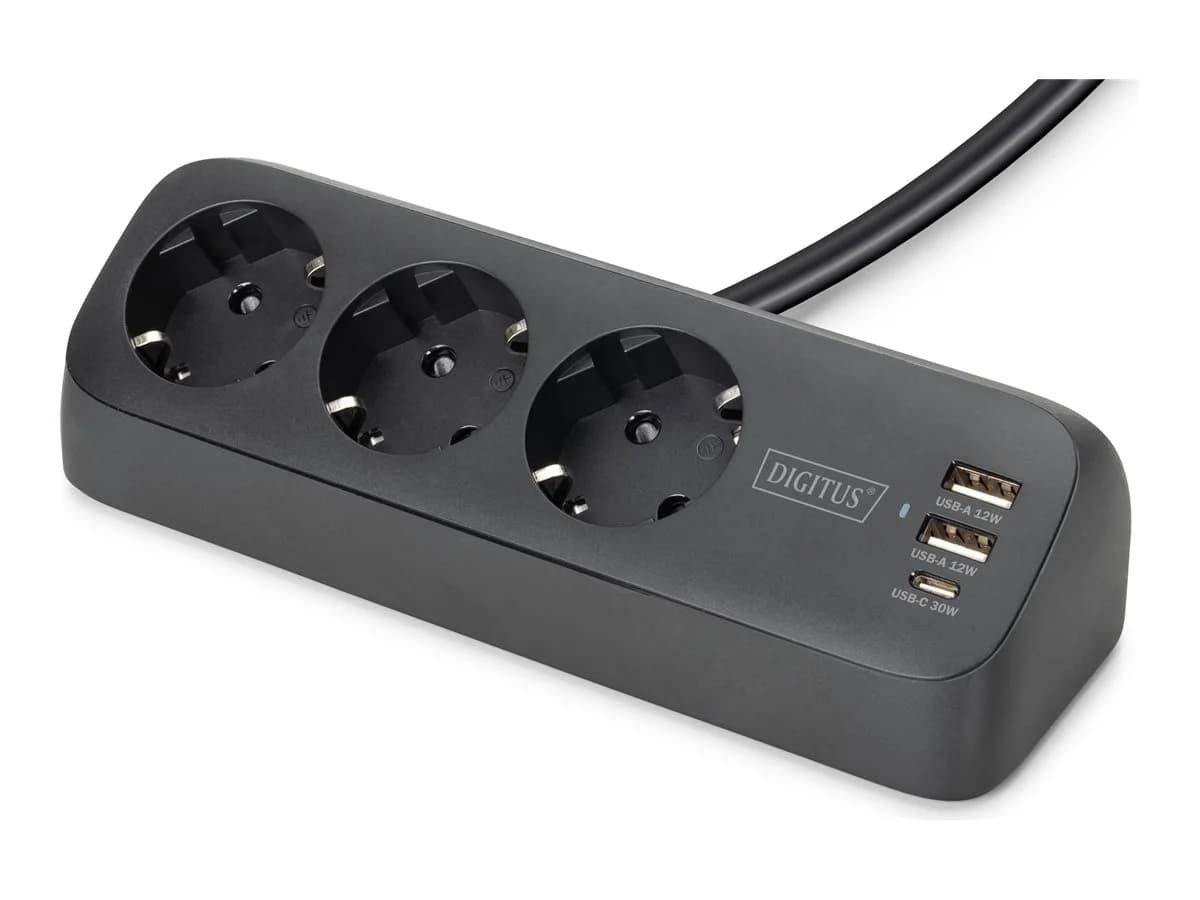 Digitus 3-way office socket strip with 2x USB-A and 1x USB-C connections   DA-70625 - Image 1