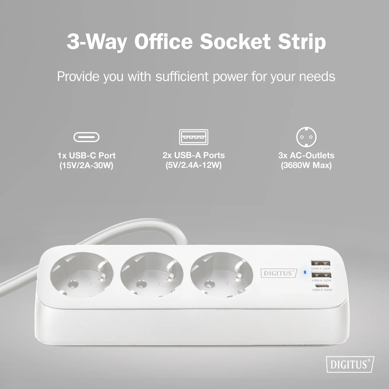 Digitus 3-way office socket strip with 2x USB-A and 1x USB-C connections   DA-70626 - Image 7